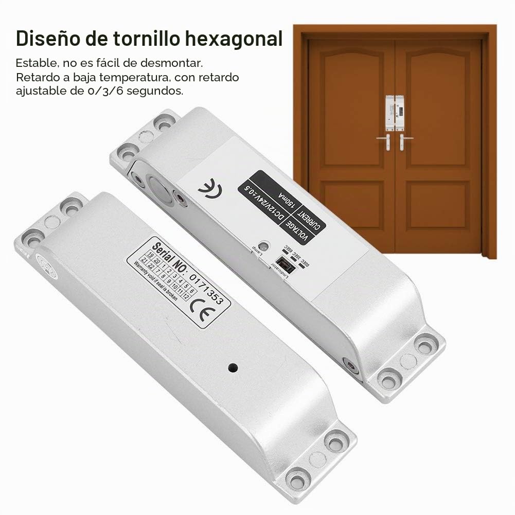 Cerradura de Perno de Caída Eléctrica, Cerradura de Puerta Electrónica Magnética de Modo DC 12V/24V NC con Retardo de Tiempo, Cerradura de Mortaja Eléctrica para Sistema de Control de Acceso