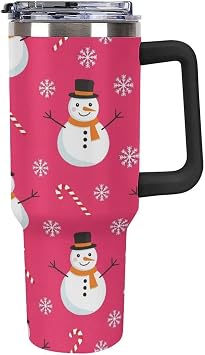 Snowman Candy Canes Snowflakes Tumbler with Lid And Straw 40oz Stainless Steel Cup Insulated, Large Capacity Car Cup, Leakproof Travel Tumbler Coffee Mug with Handle
