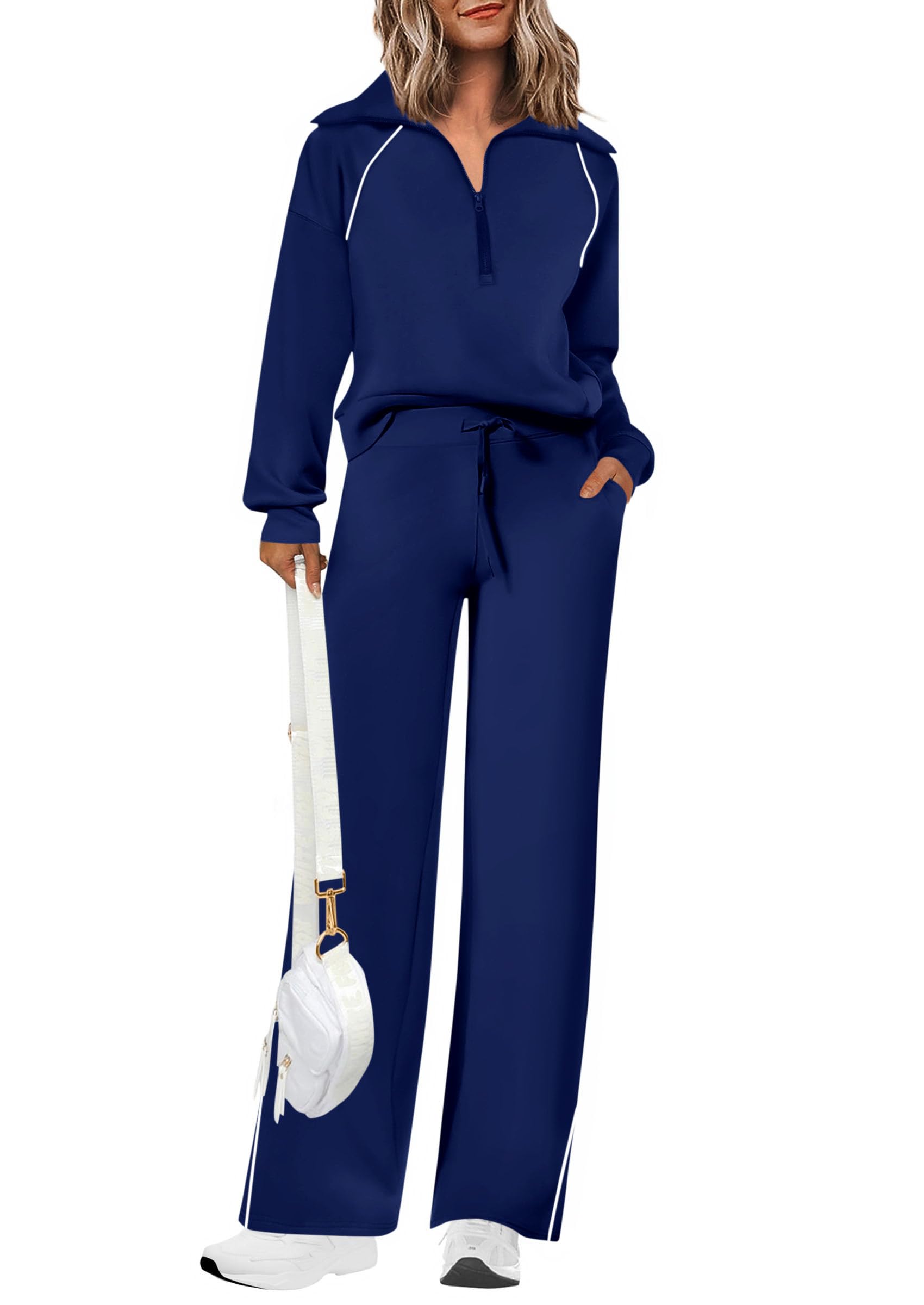 PRETTYGARDEN Women's 2 Piece Outfits Casual Lapel Half Zip Sweatshirts and Wide Leg Pants Tracksuit Sets — view 11