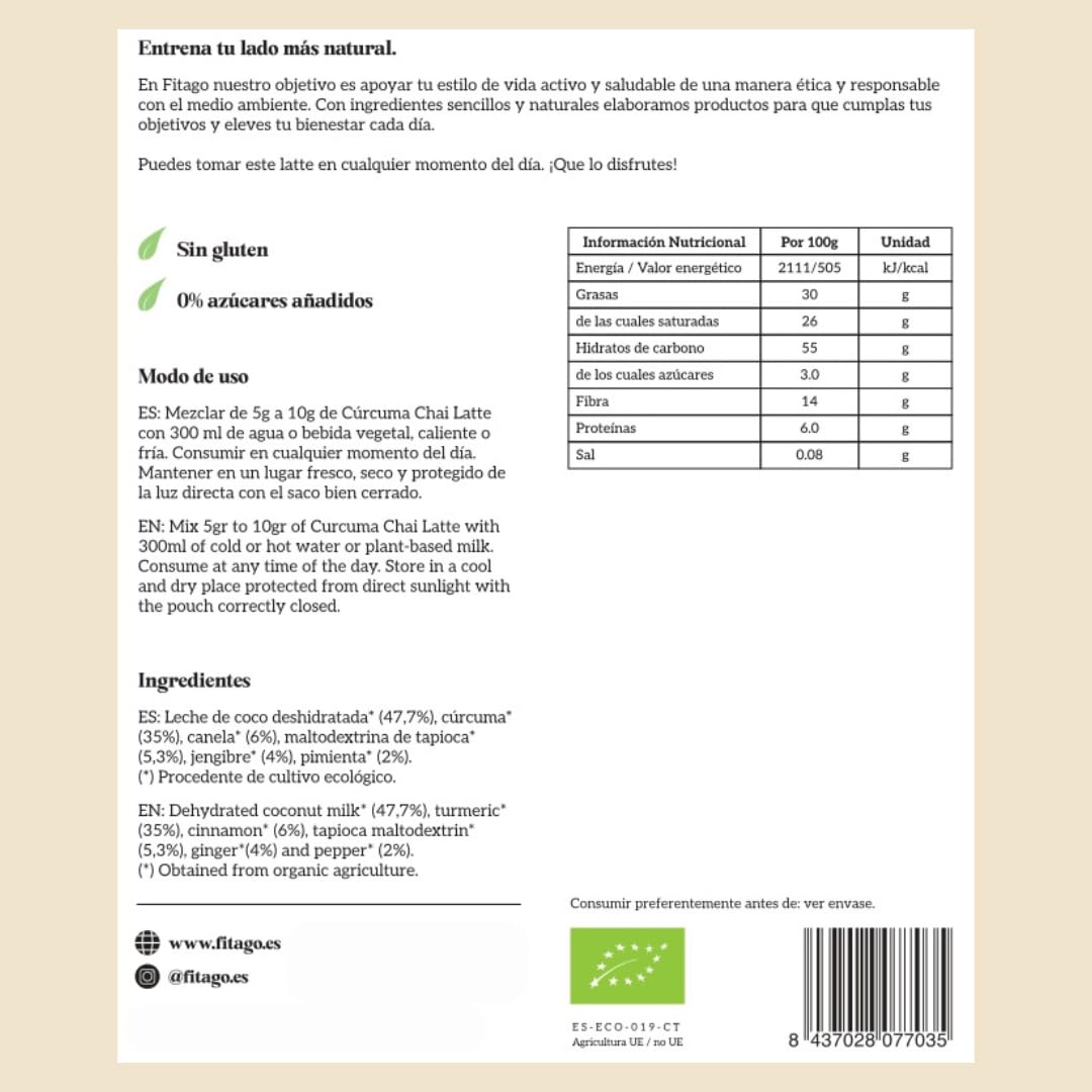 Fitago Curcuma Latte Ecológico 300g Golden Milk BIO Polvo Natural sin Aditivos Cúrcuma Jengibre Pimienta Negra Leche Coco