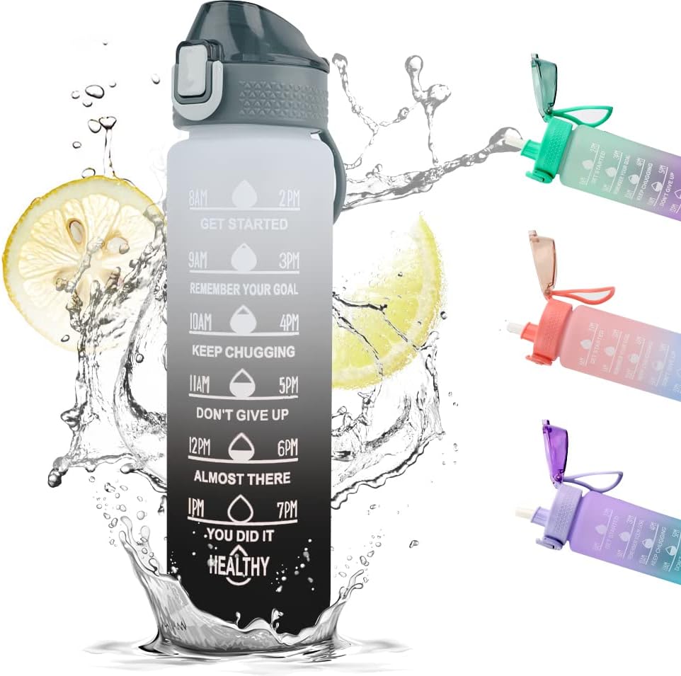 Bugucat Bottiglia d'Acqua 1L, Borraccia con Cannuccia Prova di Perdite, Borraccia Sportiva con Filtro e Indicatore del Tempo Motivazionale, 1 clic Aperto Sport Borracce per Palestra Yoga Bicicletta 1000ml-nero - Immagine 1
