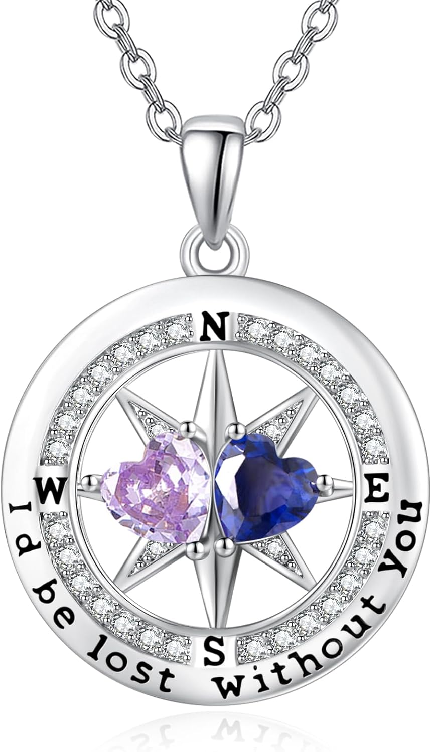 Compass Necklace for Women, Exquisite S925 Valentines Day Anniversary Birthday Gifts for Wife Her Double Birthstone Pendant Jewelry ‘I'd be Lost Without You’