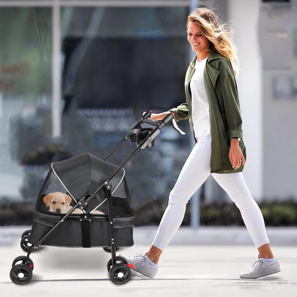 Animaux Voyage Poussette pour Chien 25 Kg avec Sac de Rangement, Housse de Pluie et Porte-gobelet - Pet Stroller Buggy 50*70*95cm Noir