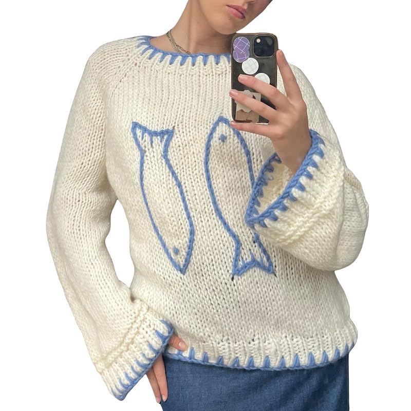 Image of SOOKABEILA Women Y2K Graphic Sweater Top Long Sleeve Knit Print Pullover Oversized Loose Aesthetic Fall Sweatshirt