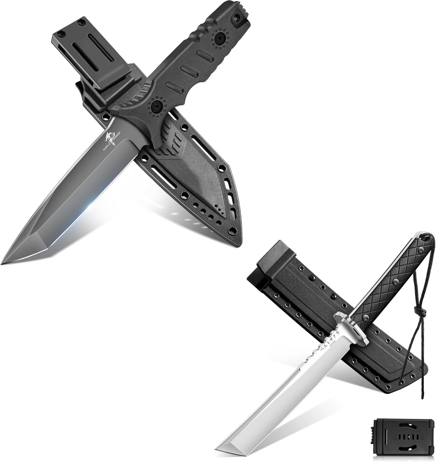 Purple Dragon Japanese Fixed Blade Tanto Knife Bundle with Black Full Tang Survival Knife with Sheath