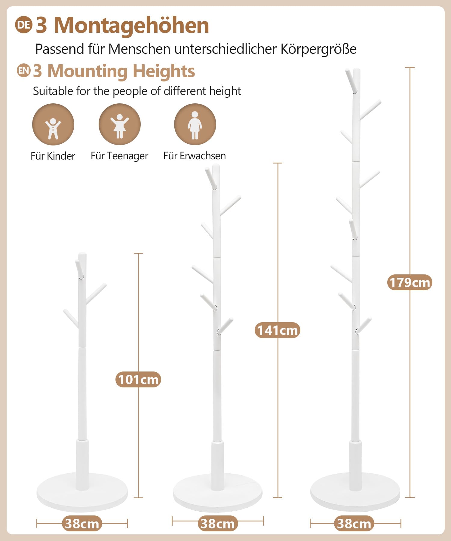 Yorbay Appendiabiti Faggio Massello Albero: 9 Ganci, 38 x 179 cm (Bianco) | Appendiabiti a Forma di Albero per Giacche Cappelli Borse - per Camera da Letto Ufficio Ingresso