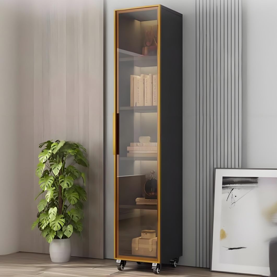 YVYKFZD 5 Tier Slim Storage Cart, MDF Rolling Spice Rack, Utility Kitchen Cart with Wheels and Tempered Glass Doors, Mobile Narrow Storage Cabinet, for Small Spaces(Gray+B,15.7"x24.4"x77.1")