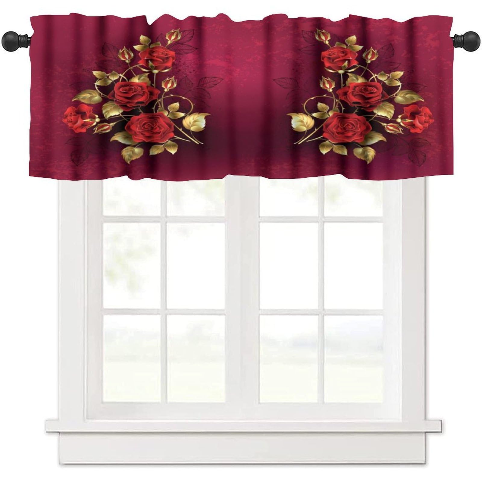 Rose Valances Curtain for Kitchen Cafe, Red Roses Gold Leaves Window Treatment Valances Short Curtains Rod Pocket Drape for Dining Room Home Decor, 54x18inch