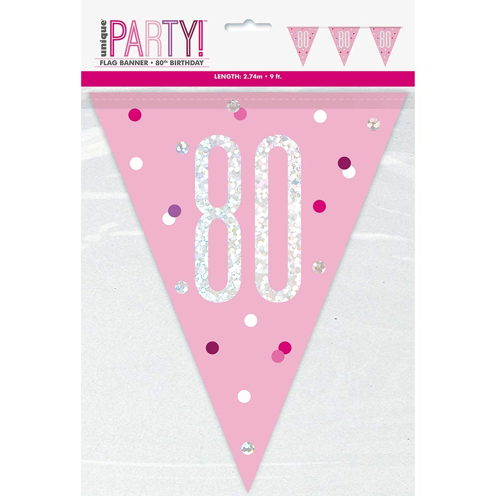 Unique Party - Banderines de Cumpleaños 80-2,74 m - Diseño de Rosa y Plateado Glitz (83457)