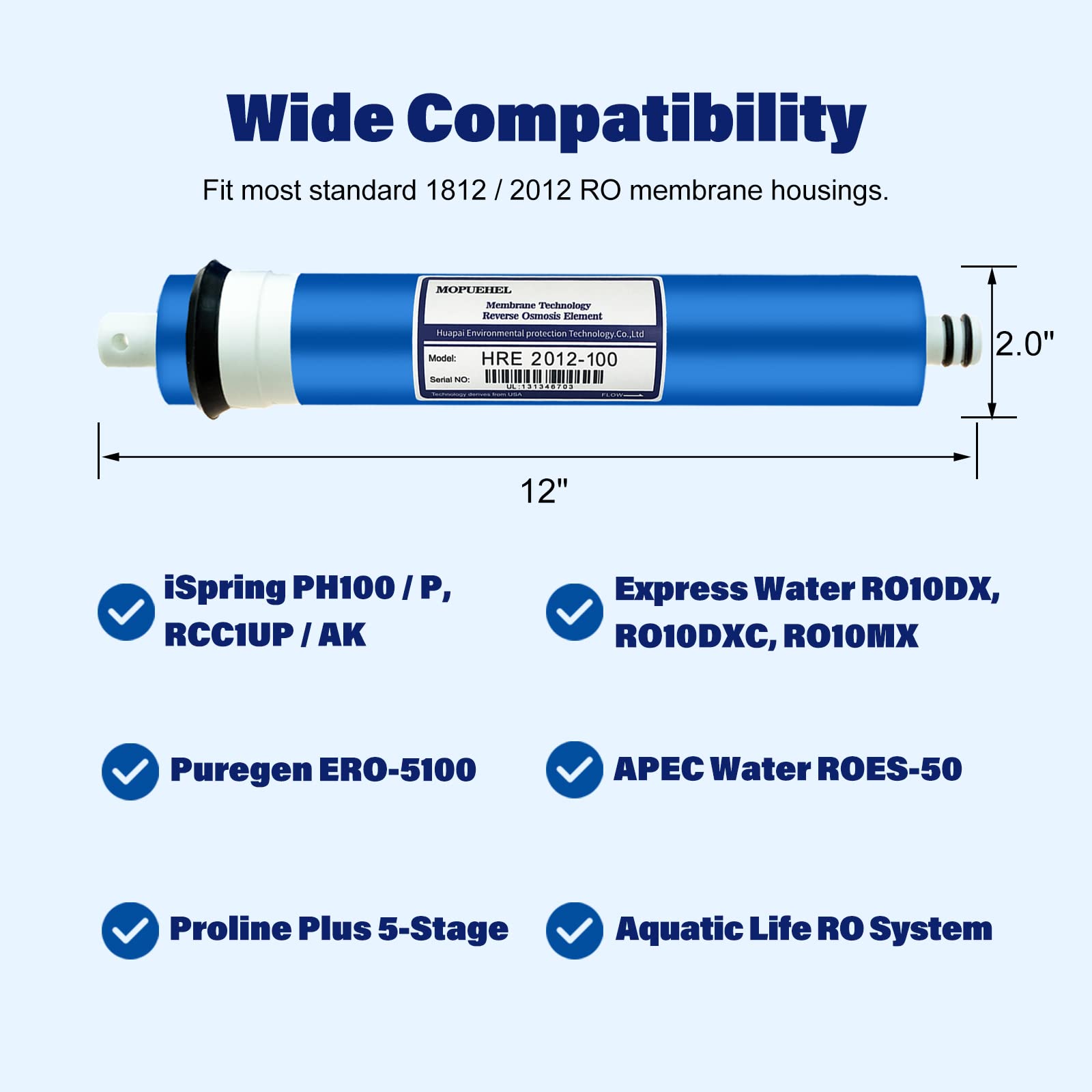 Membrane di ricambio per filtro a membrana RO da 100 GPD, compatibile con iSpring PH100, RCC100P, RCC1UP, RCC1UP-AK/APEC ROES-100 / Express Water RO10DX, RO10DXBN, RO10DXC (confezione da 1)
