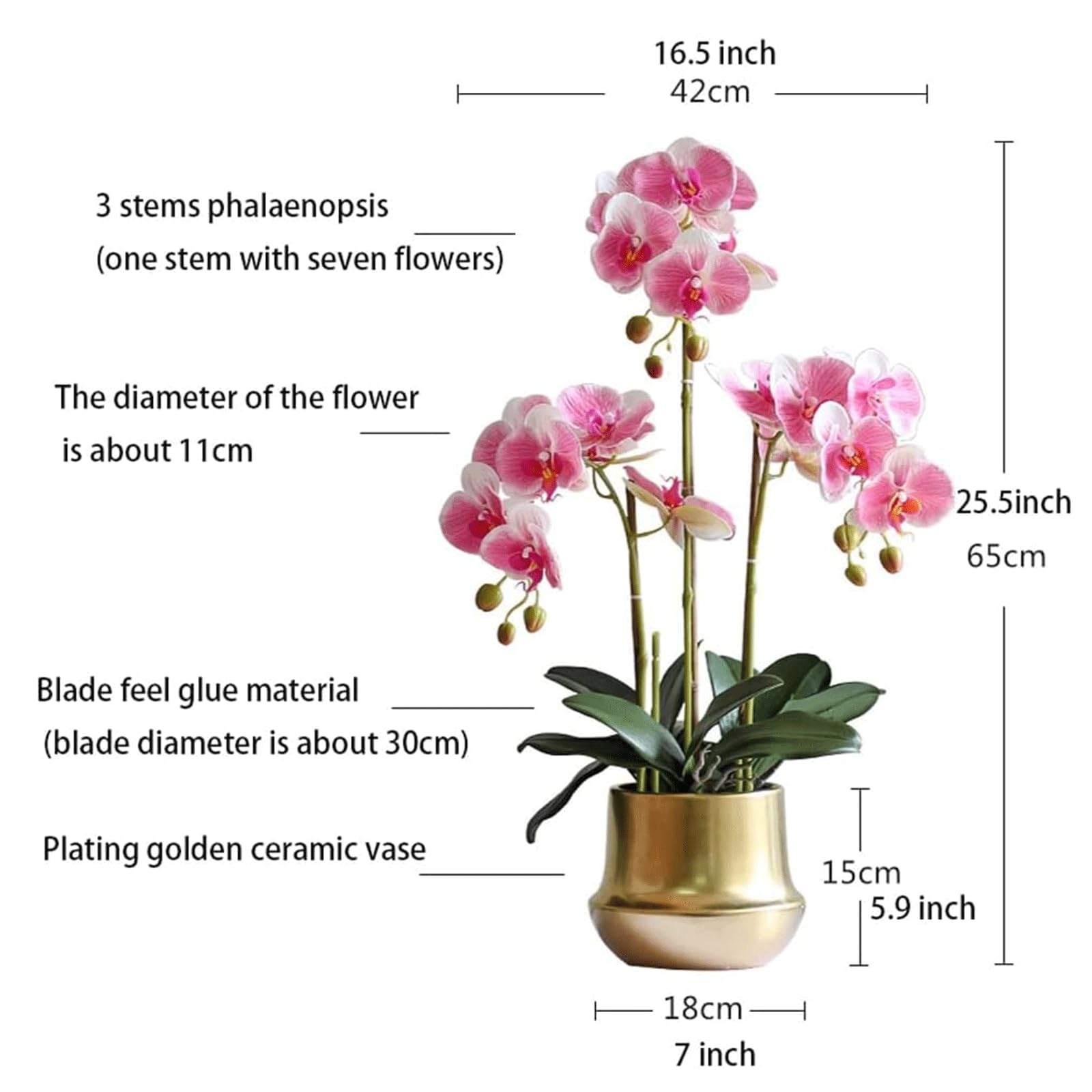 SDdPulse Orchidea artificiale fiore artificiale di seta orchidee finte placcate in ceramica dorata vaso di fiori artificiali Phalaenopsis fiori 65,5 cm orchidea artificiale molto naturale, giallo