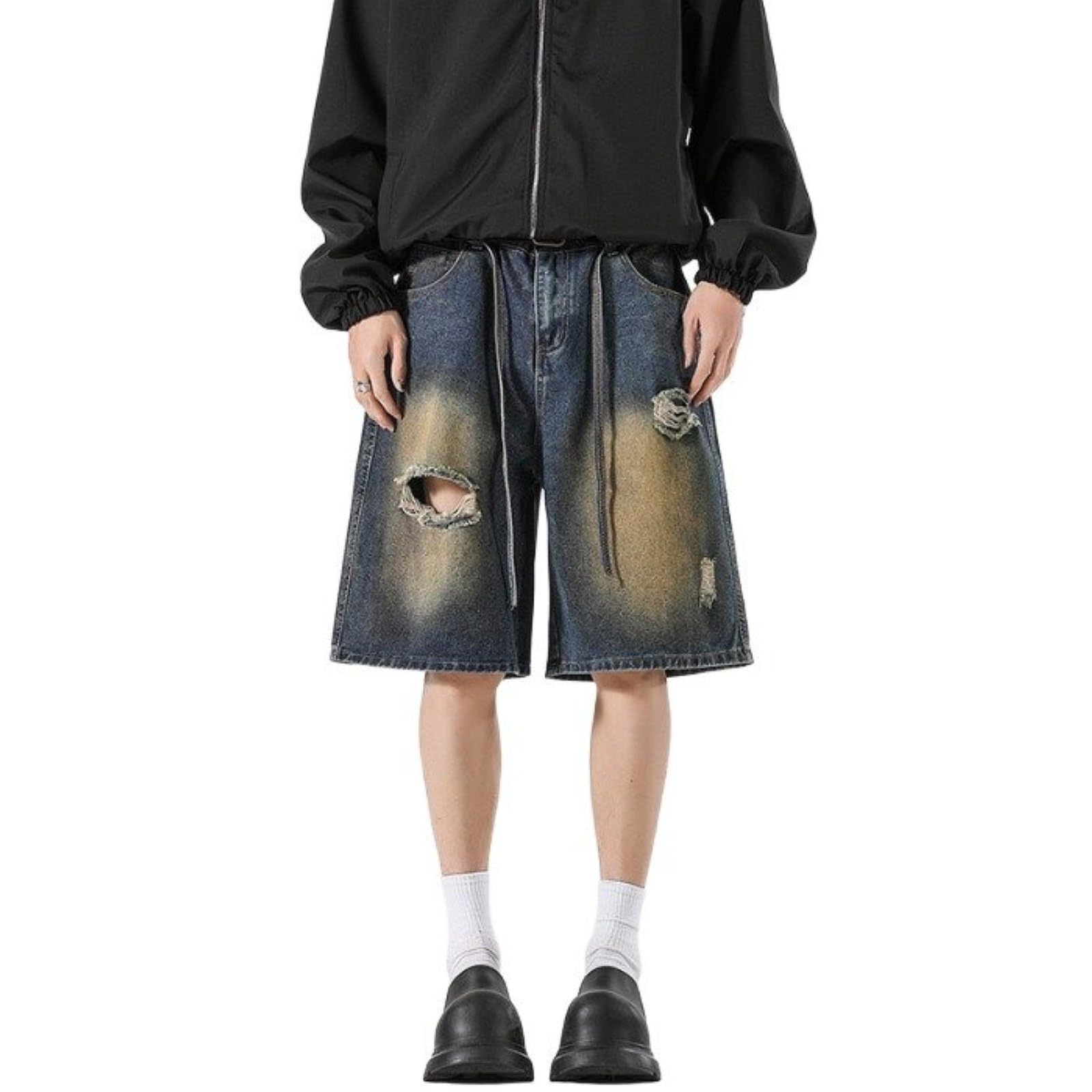 Męskie Y2k vintage podarte szorty dresowe bojówki z elastycznym pasem i sznurkiem, dżinsowe streetwear