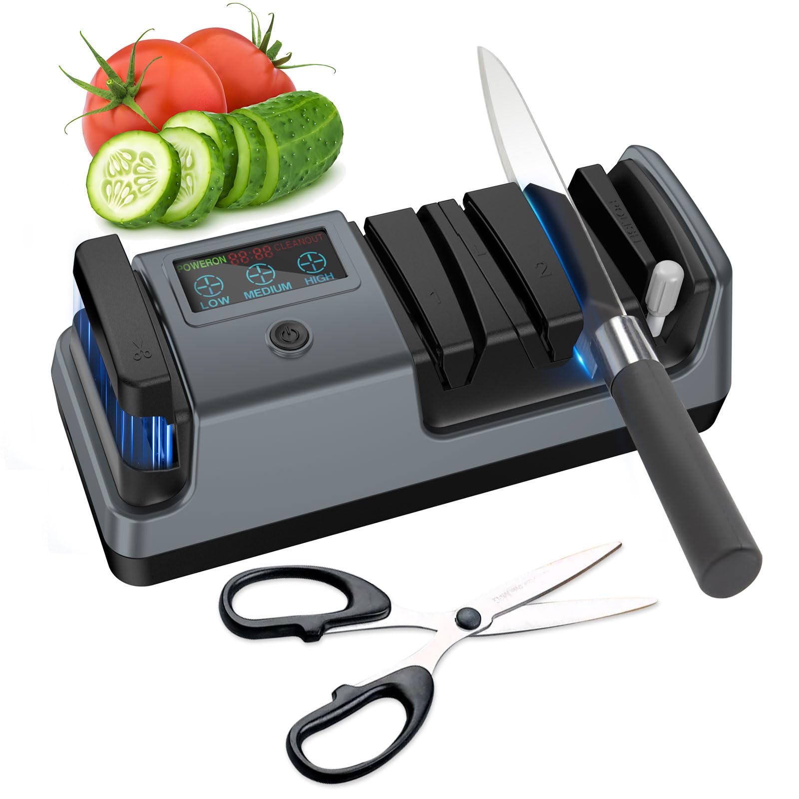 5-in-1 Electric Knife Sharpener for Kitchen Knives 3-Stage Sharpener with 100 Diamond Abrasive LCD Screen Speed Adjustable Knife