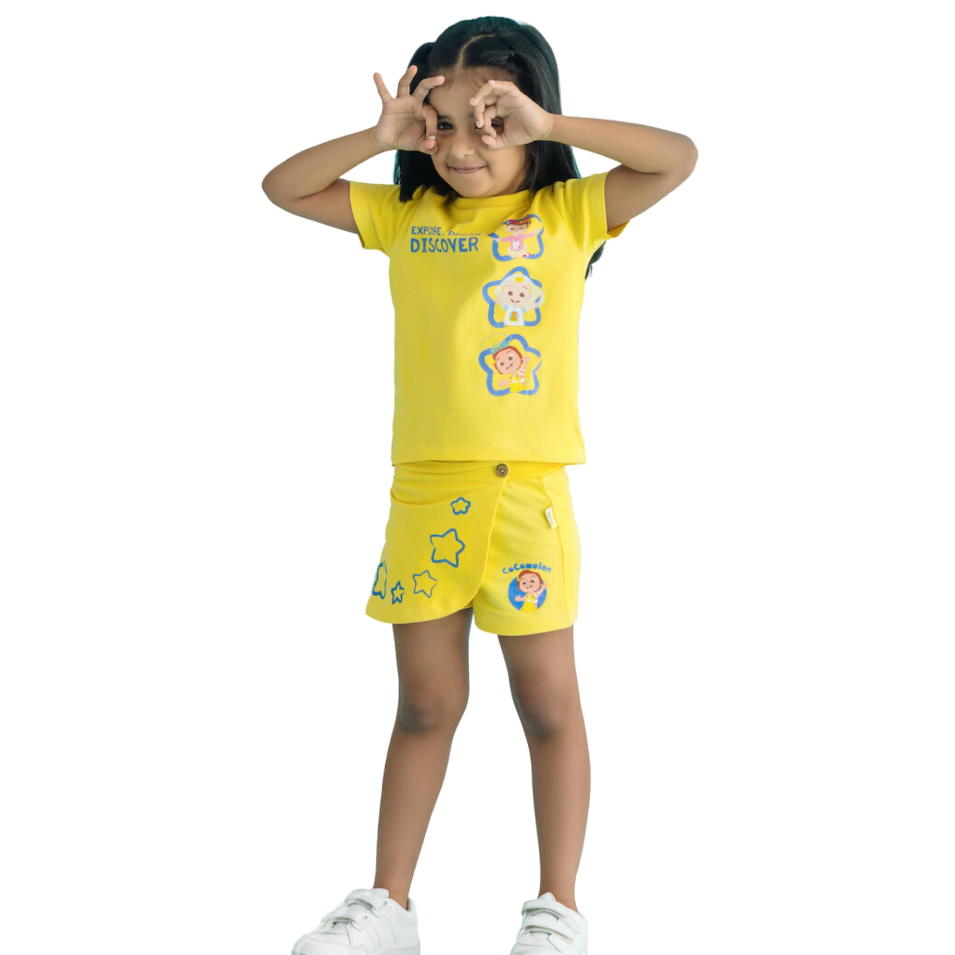 Mama, Naturally Premium CoComelon Print Girls Cotton Yellow T-Shirt And Skorts Clothing Set