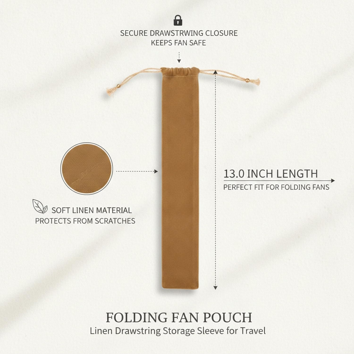 Linen Folding Fan Pouch with Drawstring, Brown image 4