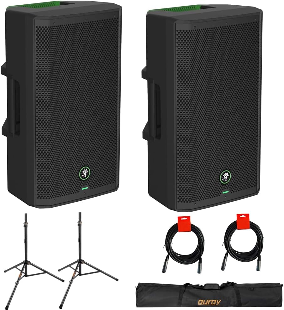 Mackie Thrash212 GO 12" 300W Powered PA Loudspeaker System (Pair) with Auray SS-47S-PB Steel Speaker Stands with Tripod Base and Case and 2X 20-Inch XLR-XLR Audio Cable