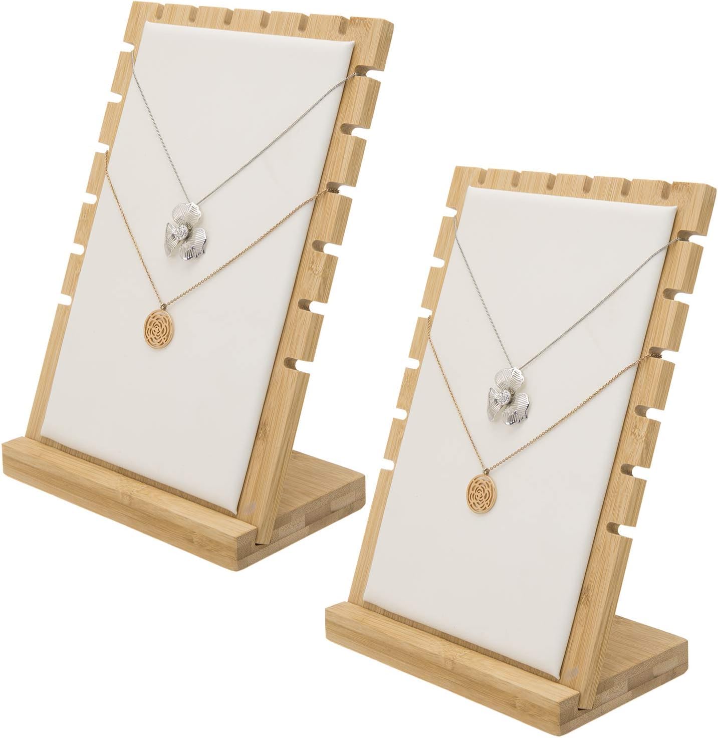NFASHIONSO Bamboo Jewelry Display Stands with PU Panel & Multi-Rung Design with Detachable Bases, Non-Scratch Surface Portable Necklace Holder for Home, Boutique, Countertop, Set of 2