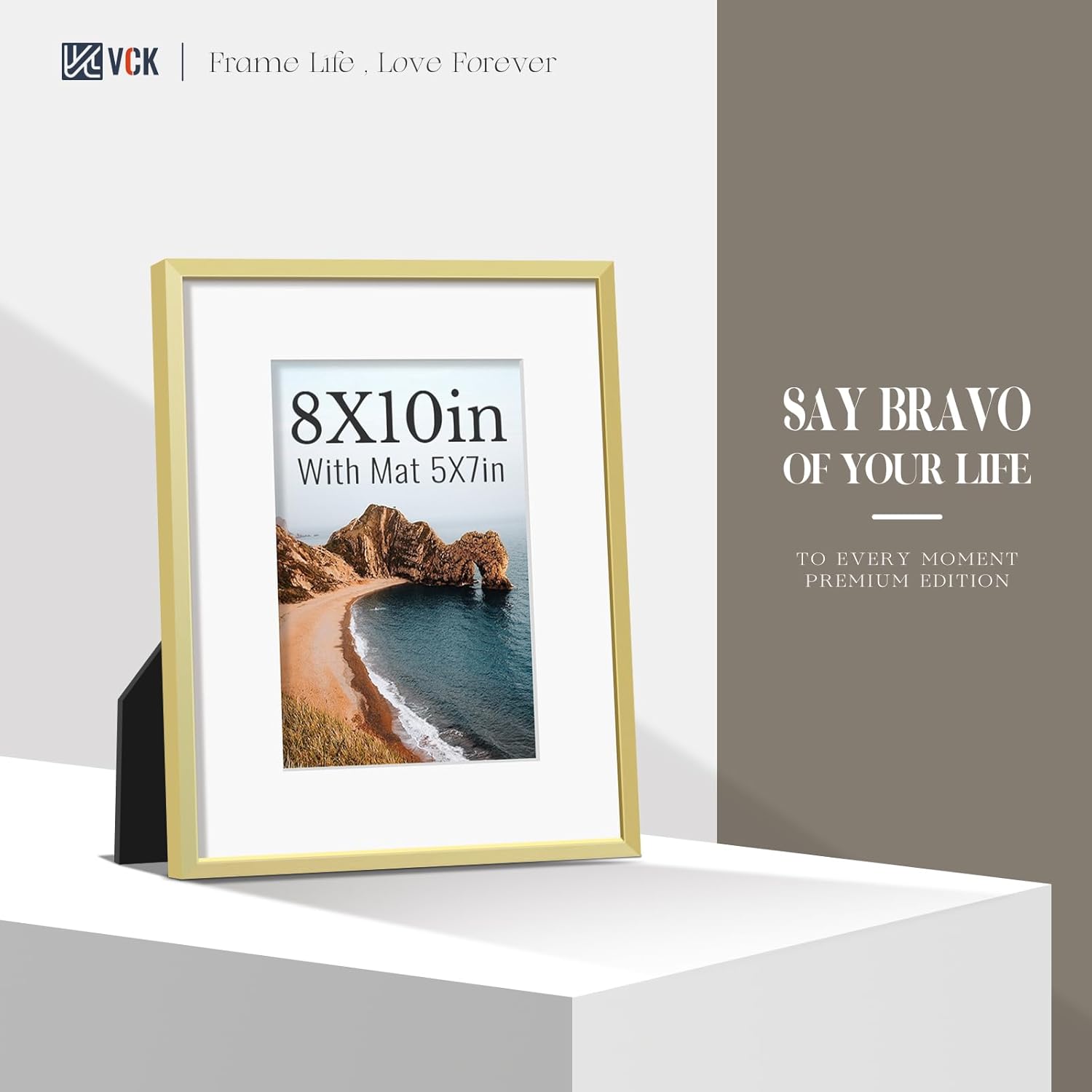 VCK 8x10 Picture Frame Gold 3 Pack, High-End Aluminum Metal Poster Frame with Tempered Glass, Display Photo 5x7 with Mat or 8x10 Without, for Home, Office, Studio and Gallery, Wall Hanging or Tabletop