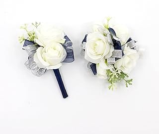 Ansuma Ivory Rose Flower Wrist Corsage Boutonniere SetÂ Bridesmaid Wrist Corsage Bracelet & Groom and Best Man Boutonniere for Wedding Flowers Accessories Prom Suit Decorations (Navy Blue)