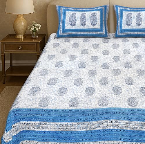 Image of Jaipur Weaves Jaipuri Double Bed Cotton Bedsheet Queen Size 90x85, 120 TC 100% Pure Cotton Bed Sheet with 2 Pillow Covers, Floral Traditional Print (Blue Paisley, Double)