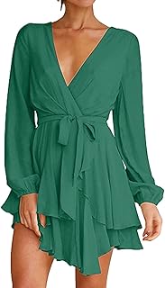 Vestido de mujer de verano para mujer, cuello en V, con cremallera, manga larga, falso elegante, suelto, mini vestido de playa, encaje para mujer, color verde, L