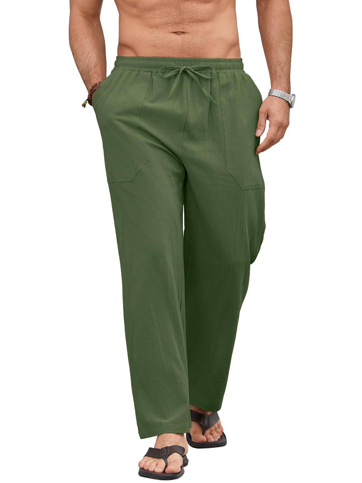 Pantalon Lino Hombre Pantalones de Verano Ligero Corte Holgado con Cintura Elástica y Cordón, con Bolsillos, para Playa, Vacaciones y Uso Diario