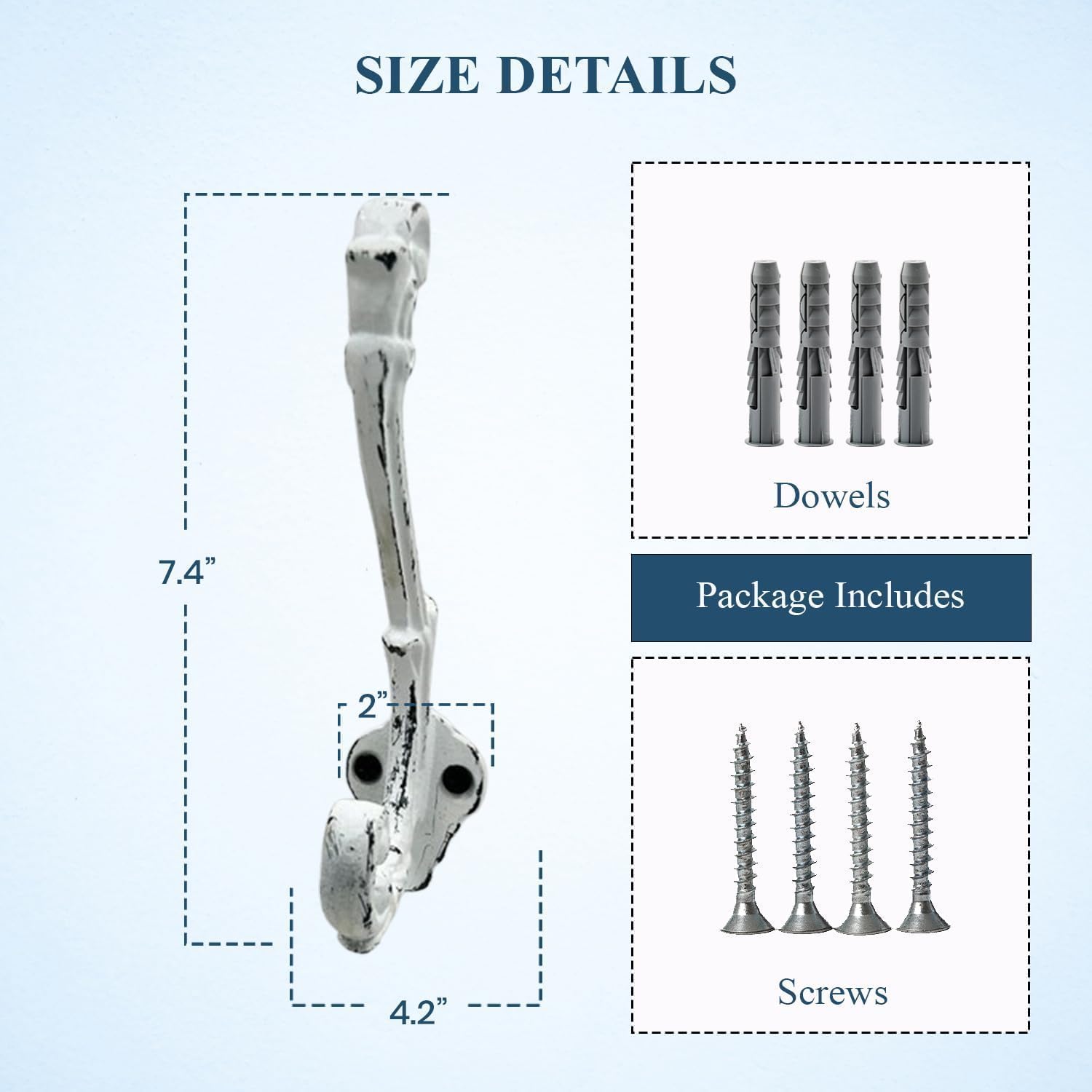 The Metal Magician Wall Mounted Antique Cast Iron Vintage Style Wall Hooks for Coats, Bags, Towels, Hats - (Set of 6) Distressed White