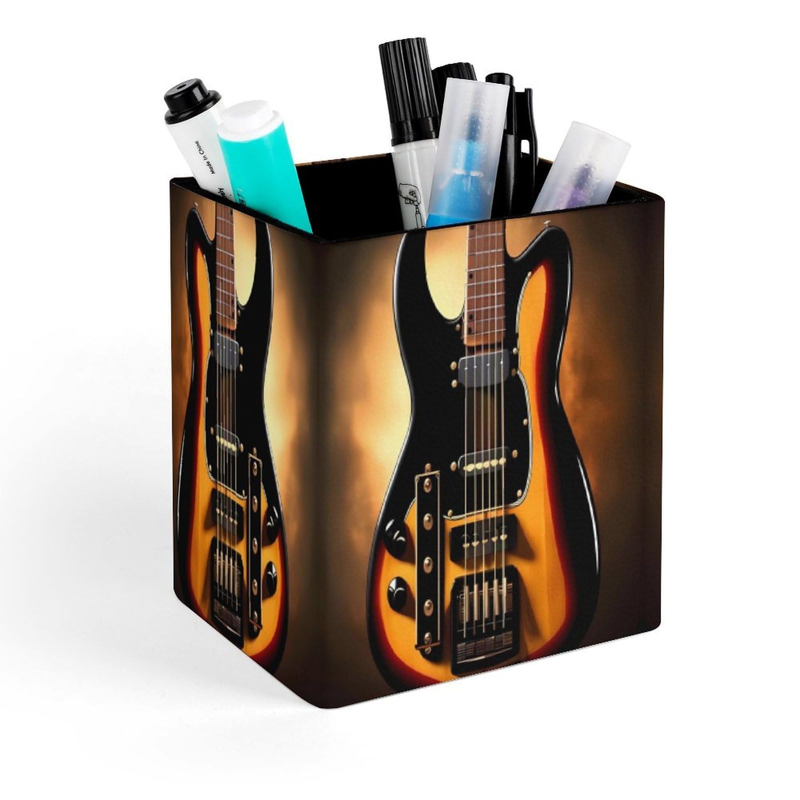 VstaDank Instrumental Guitar Pen Holder Square Pencil Holder Leather Pencil Cup Pen Organizer Makeup Brush Holders Pen Cups Desktop Stationery Organizer for Home Office Desk Organizers
