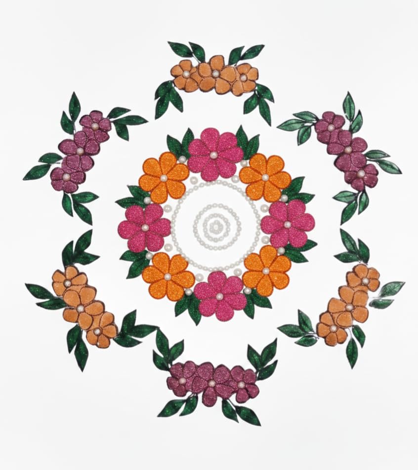 Floral Rangoli Patch, Traditional Design with Pink Orange Maroon Flowers, Green Leaves and Pearl Detailing, Festive Decoration-image-43