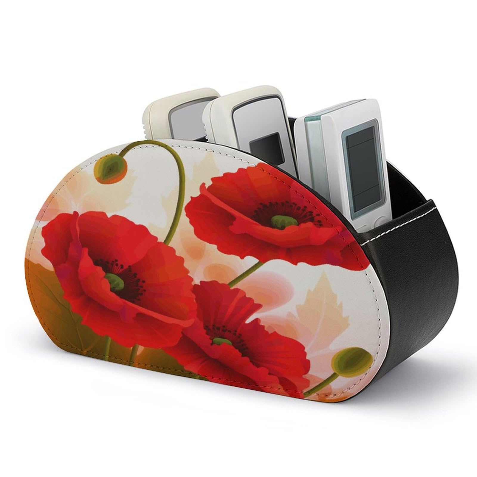 VstaDank Poppy Flowers Vivid Petals Remote Control Holder with 5 Compartments Pu Leather TV Remote Caddy Storage Box Desktop Organizer Store Controller DVD Brush Pens Glasses&Office Supplies