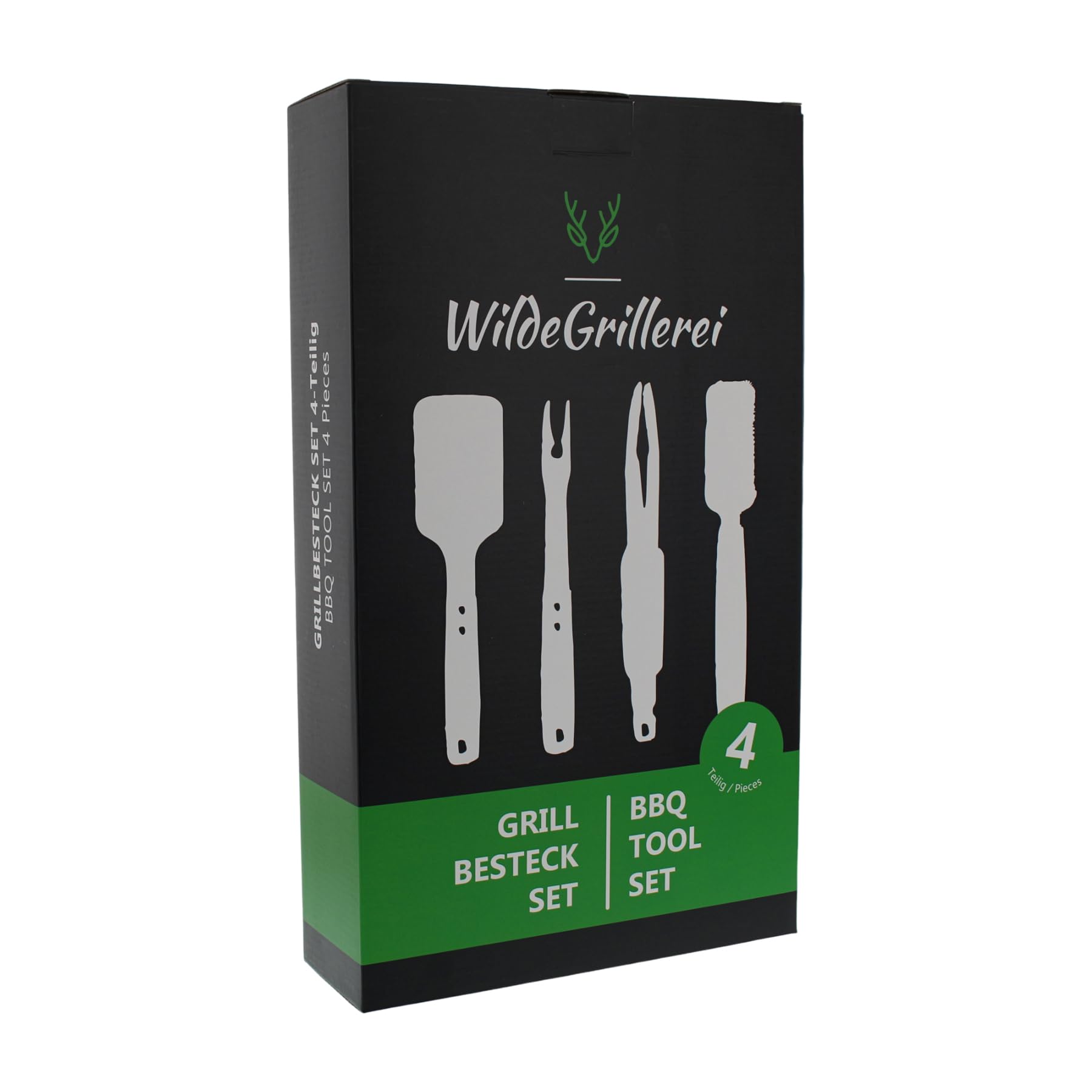 Lot de 4 ustensiles de barbecue en acier inoxydable - Avec poignées en bois et œillets de suspension - Accessoires de barbecue comprenant une pince à barbecue, une brosse à barbecue,