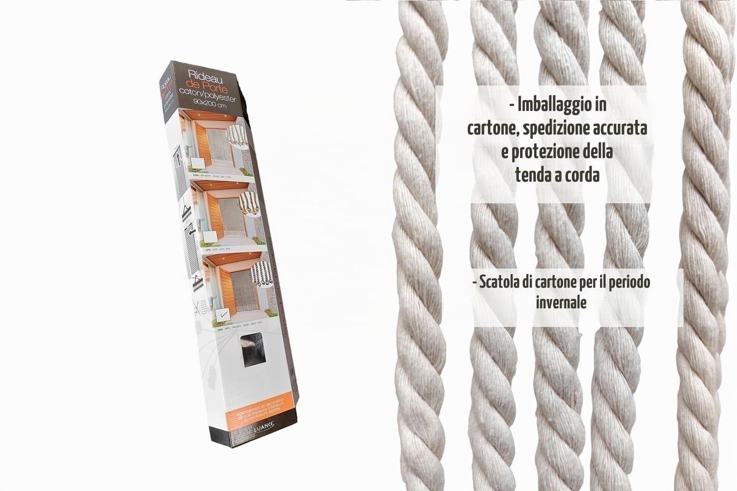 MadeInNature Tenda da porta in cotone poliestere con corda intrecciata di alta qualità, per interni ed esterni, larghezza 90 cm x lunghezza 200 cm, diversi modelli a scelta (Ecru 54 fili)