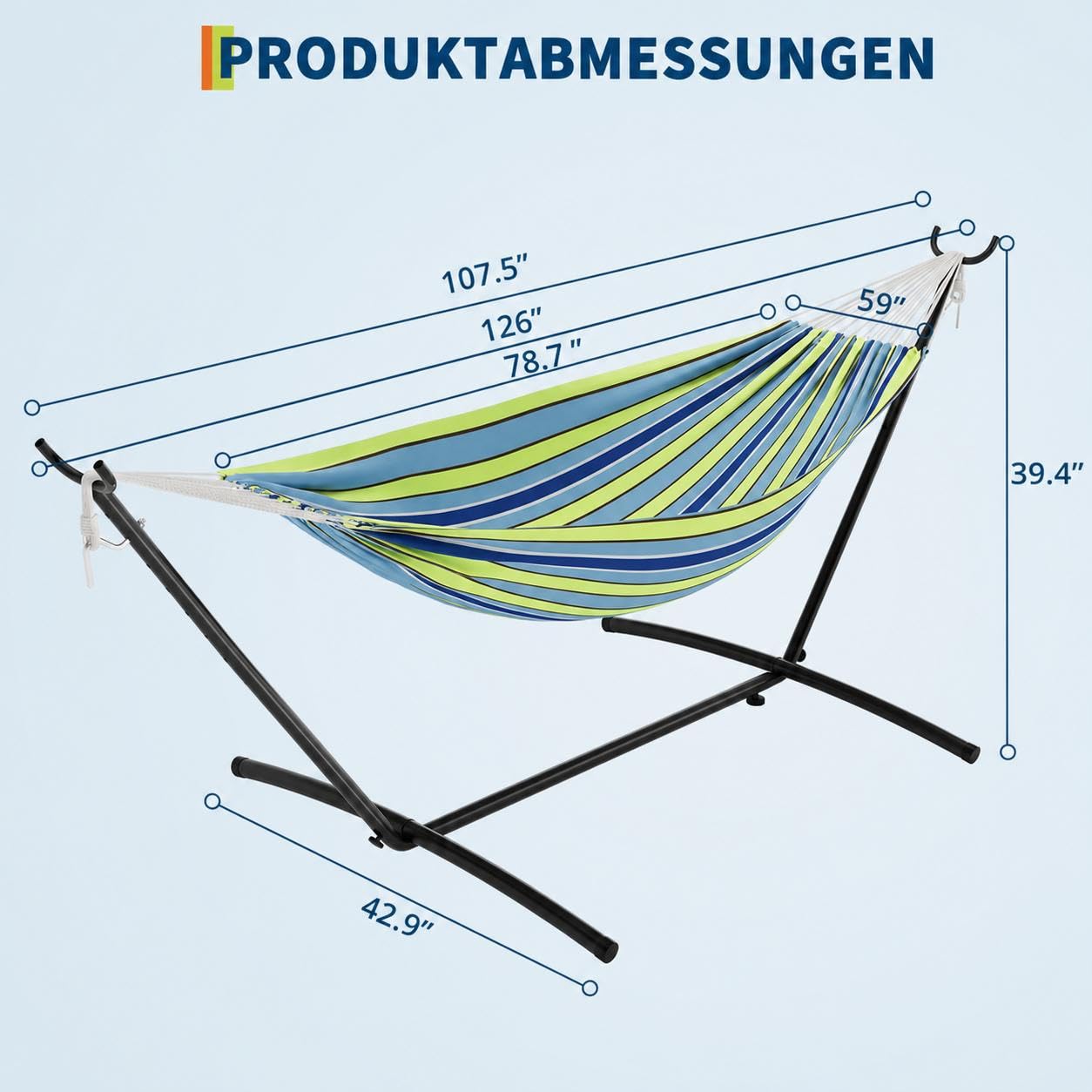 Hamaca doble resistente con estructura de acero – Plegable y portátil – Hasta 227 kg – Comodidad de poliéster algodón – Para jardín, terraza, camping e interior – Incluye bolsa de transporte – Rayas