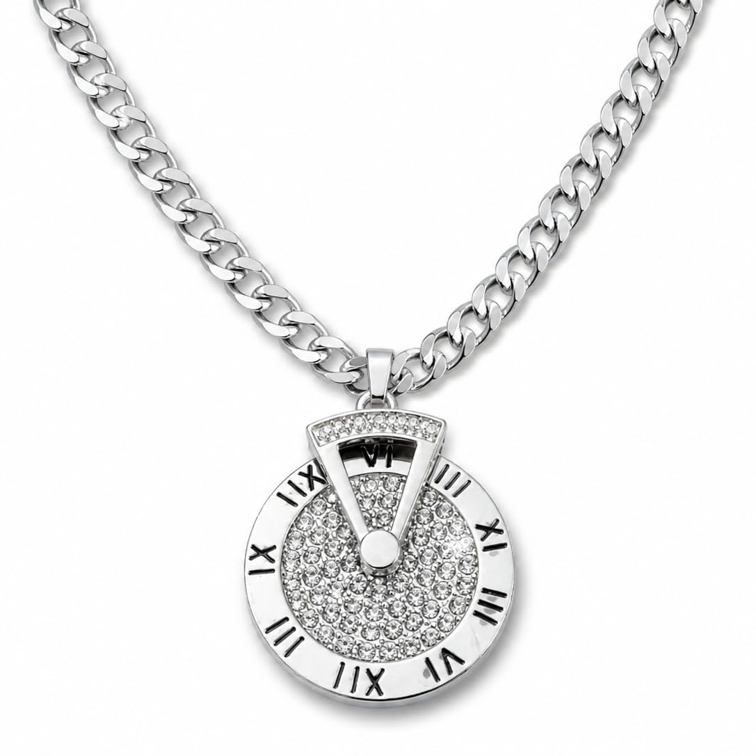 Silver-Tone Roman Numeral Clock Pendant Necklace for Men, Stainless Steel Cuban Chain, Crystal Stone Dial, Hip Hop Style-image-15