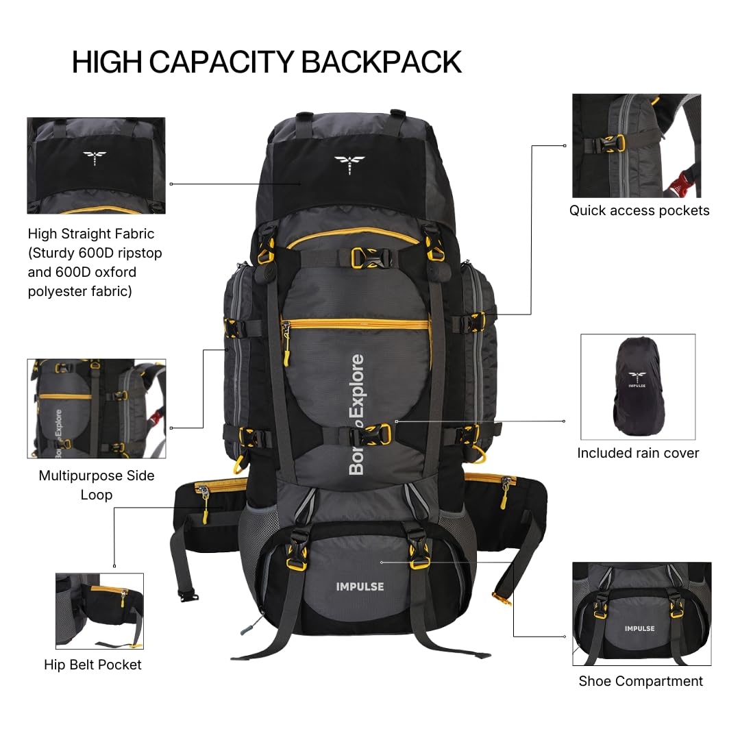 Impulse 4 Compartments 80 Litres Keep Discovering Heavy Waterproof Rucksack Trekking Hiking Camping Outdoor Camps Luggage Bags Tour Travel Backpack For Man And Woman with Rain Cover (Multicolor) 2
