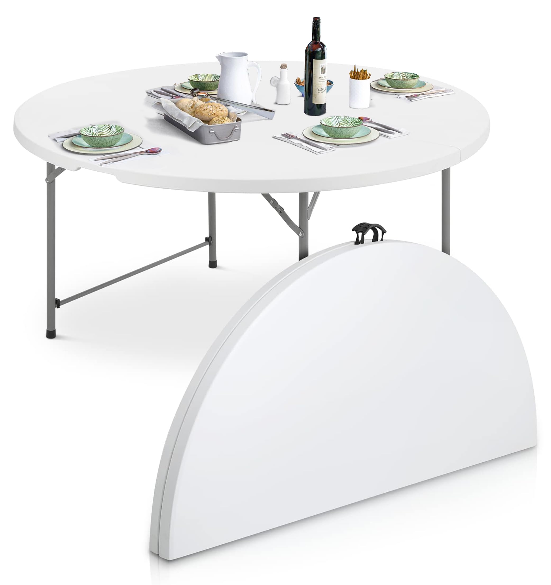 Brigros MBI - Tavolo Pieghevole da Giardino Rotondo 180x74 cm Bianco, Perfetto come Tavolo da Campeggio, da Buffet, da Cucina, Tavolino Salvaspazio a Valigetta con Maniglia