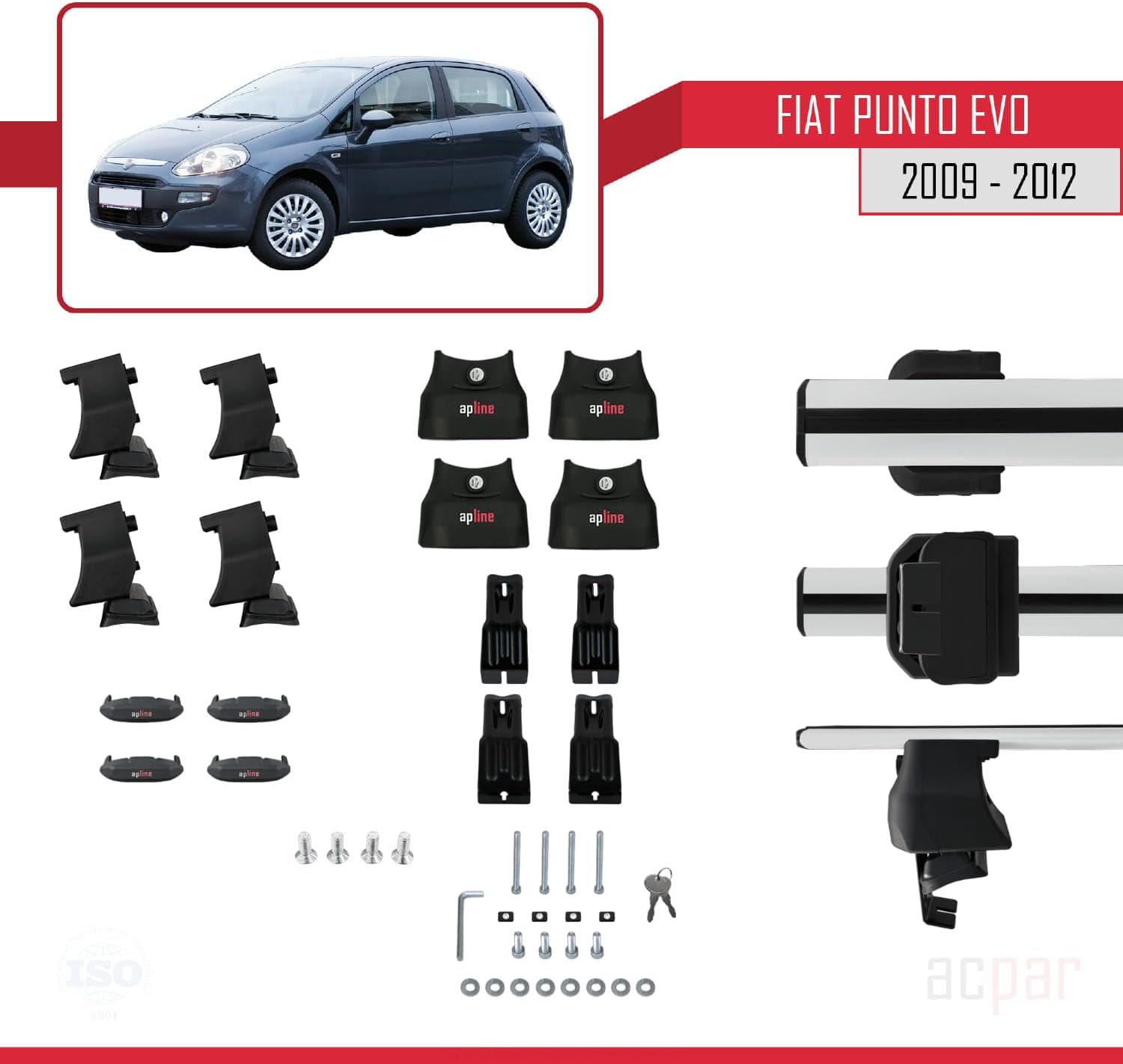 Compatible with Fiat Punto Evo (199) 2009-2012 ACE-4 Car Roof Rack Cross Bar Grey Aluminium 2 Bars
