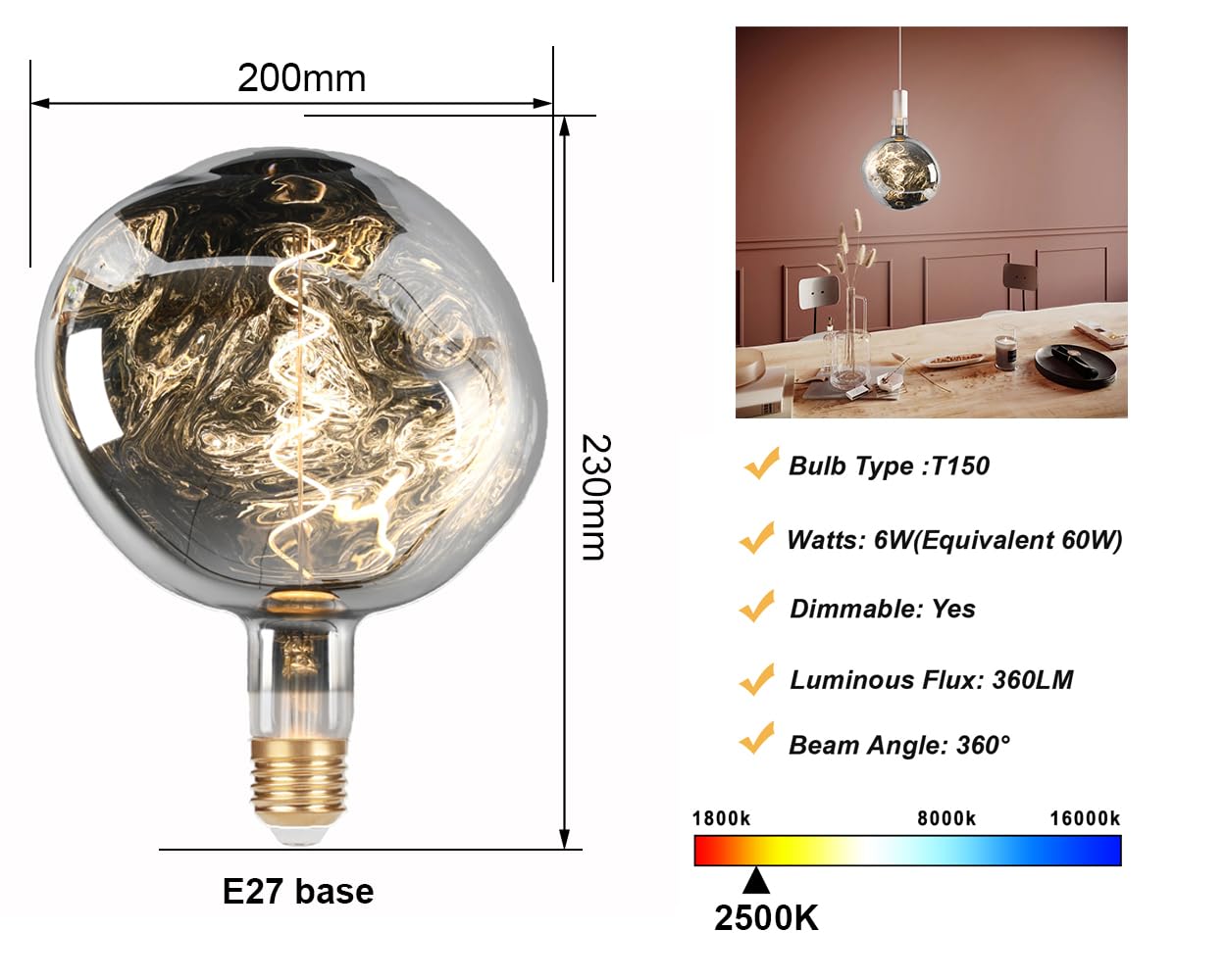 6W G200 E27 XXL LED Lampe Silber Dimmbar 2700K | Überdimensioniertes Design für einzigartiges Licht. Schafft Retro-Atmosphäre für Schlafzimmer, Café und Restaurant.