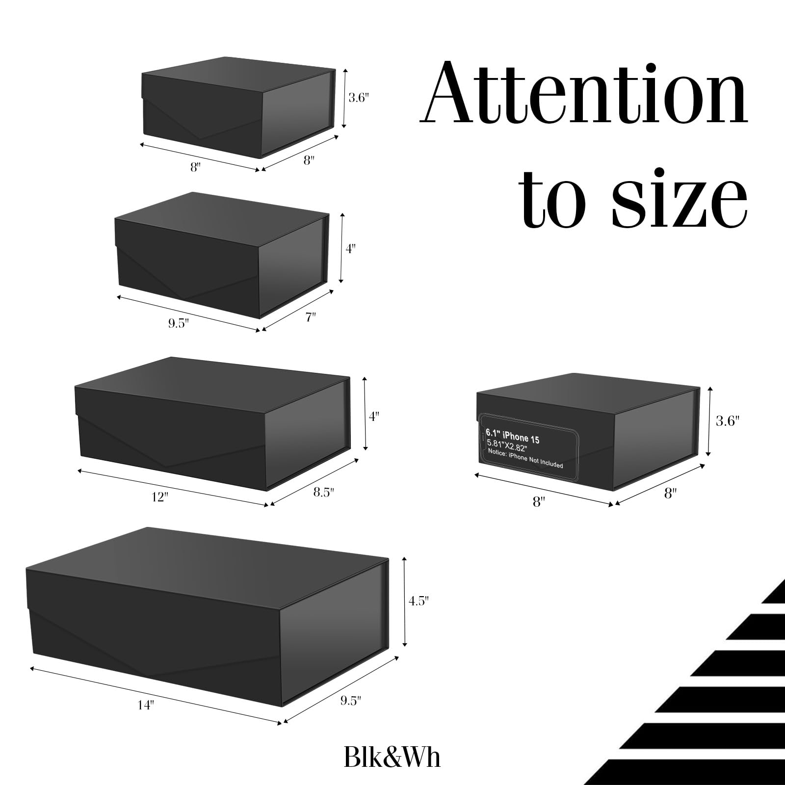 BLK&WH Lot de 4 boîtes cadeaux magnétiques avec couvercles - Tailles assorties - Pour anniversaire, mariage, Saint-Valentin, Noël, fête, fête prénatale (noir mat)