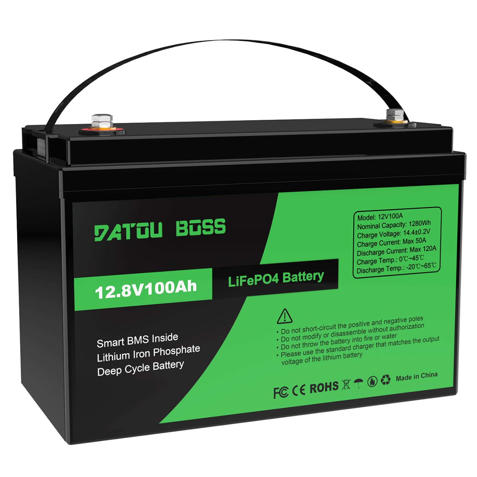 DATOUBOSS Batterie LiFePO4 12 V 100 Ah 1280 Wh au lithium avec BMS amélioré 100 A, max. 15 000 cycles de profondeur, supporte la commutation série/parallèle pour camping-car, panneau solaire, marine