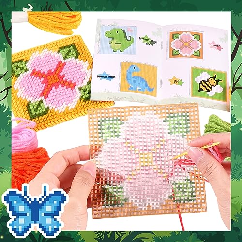 Image of Pllieay 10-in-1 Cross Stitch Beginner Kit for Kids, Embroidery Kit Includes 10pcs Plastic Mesh Canvas with Pattern, 15 Yarns, 5 Weaving Needles, Needle Points Starter Sewing Set with Instructions
