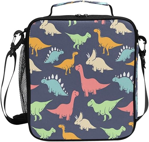 OREZI Colorida lonchera escolar de dinosaurios para niños y niñas, bolsa de almuerzo aislada con correa ajustable, a prueba de fugas y duradera para