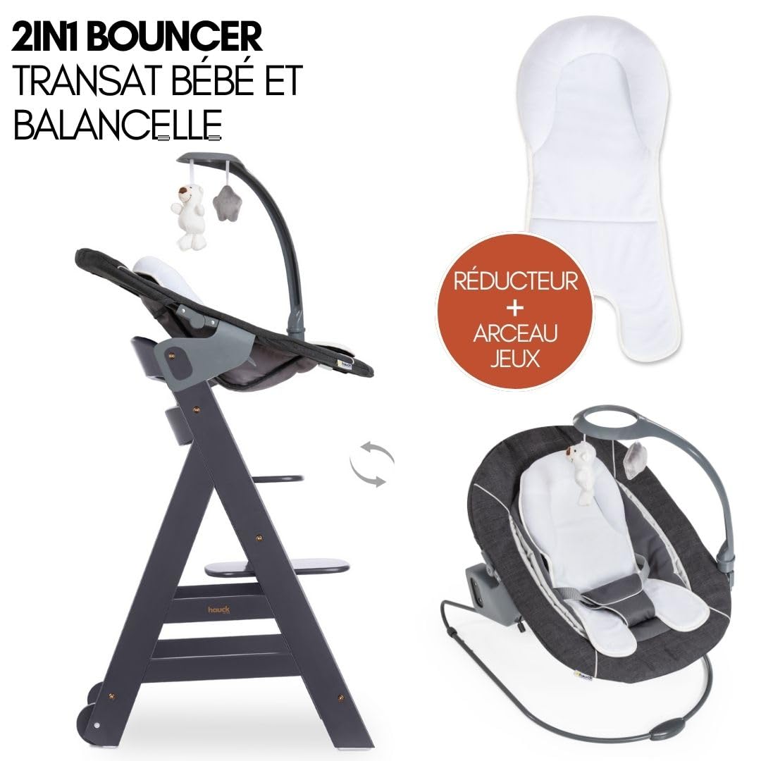 hauck Chaise Haute Bébé Beta+ avec Siège Nouveau-né Deluxe - Dark Grey | Chaise haute évolutive en bois, de la naissance à 90 kg, inclus assise avec arche éveil bébé, roues, plateau repas, coussin