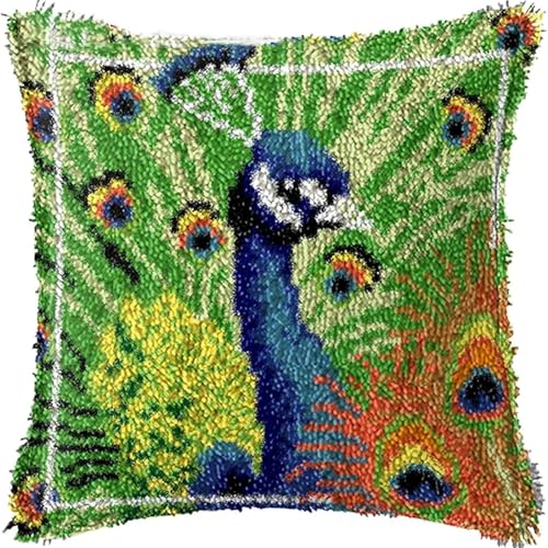 Image of Peacock Latch Hook Pillow Kits for Adults Beginners Pre-Printed Cushion | Home Sofa Cushion Cover Preprinted Canvas Crochet Yarn Kits Needlework Crafts Festival Gift 17X17 Inch