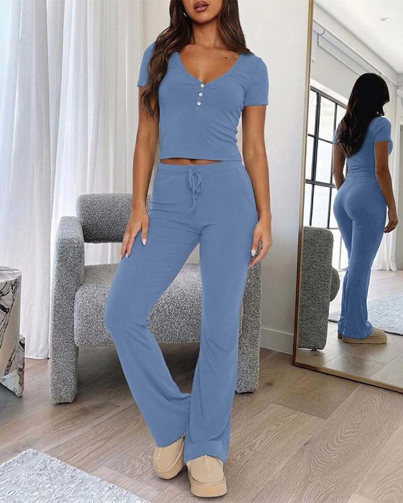 CHICME Women's Ribbed Knit Lounge Set Henley Top and Pants