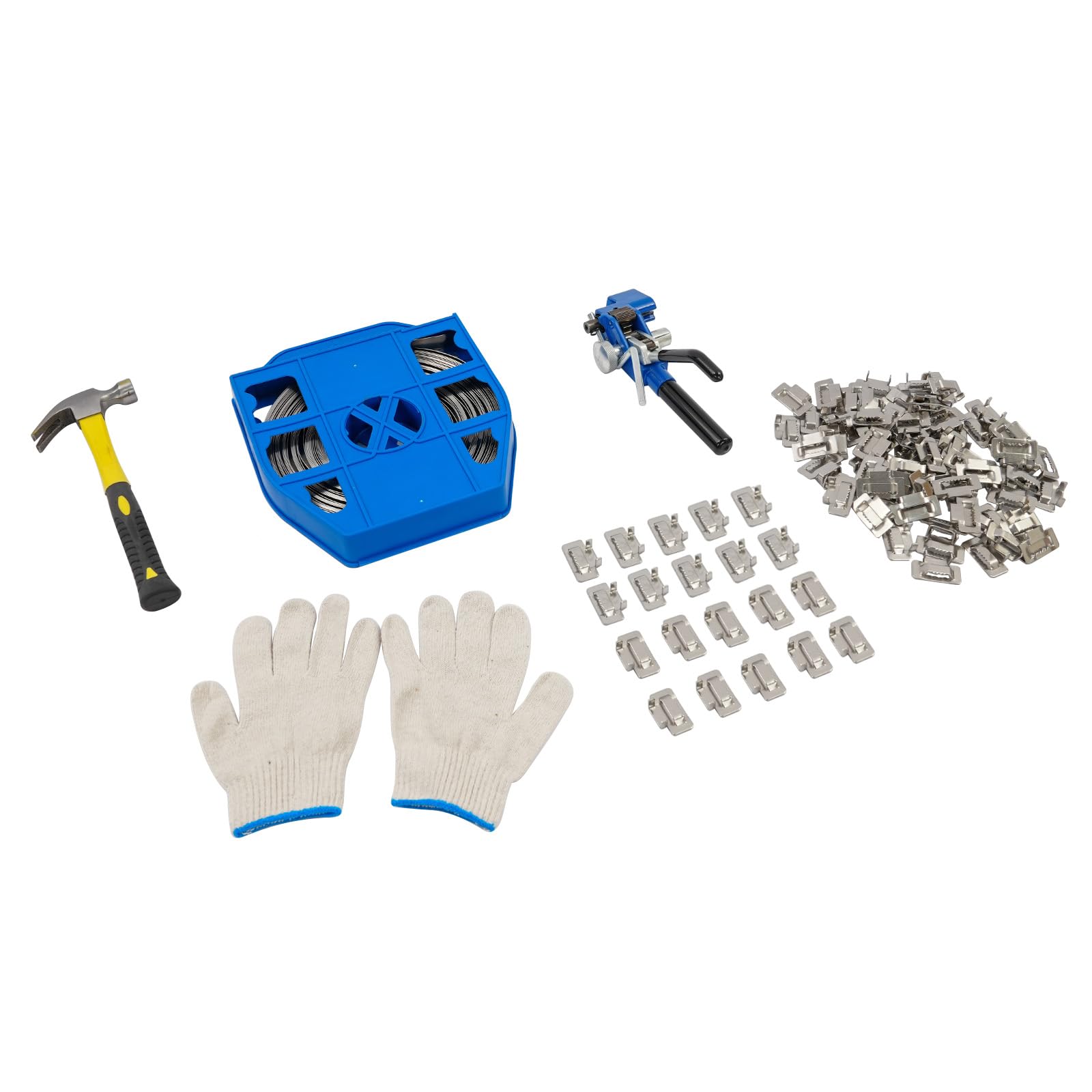 Juego de herramientas de flejado de 25 mm con 100 hebillas Lokt | Bobina de cinta de 3/4" x 100 pies con martillo tensor y 1 par de guantes para asegurar bandas de plástico y acero inoxidable