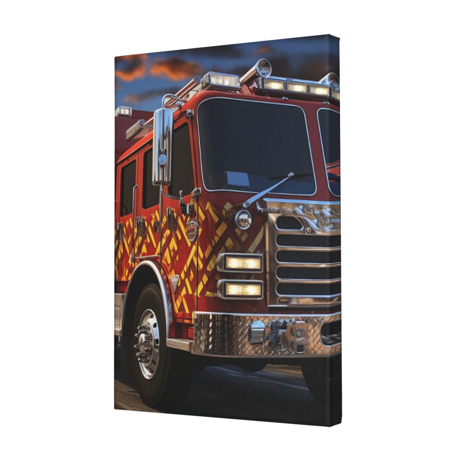 KLOPH Fire Truck Canvas Wall Art for Living Room 12"x18" Modern Artwork Painting for Bathroom Hanging Canvas Prints Aesthetic Wallart for Bedroom Kitchen Office Wall Decor