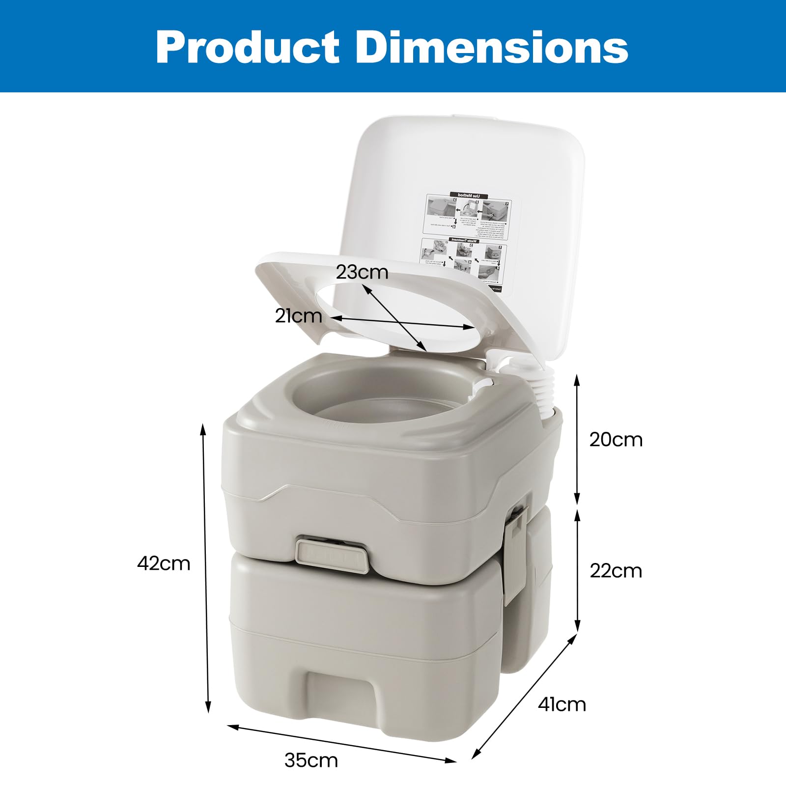 SOARS Toilette Portable Camping, WC Portable avec Pompe de Rinçage, Réservoir d'eau 20L + 10L, Charge 200 KG, Hauteur d'Assise 42 CM, Entonnoir Téléscopique, pour Camping, Voyage, Voiture, Gris