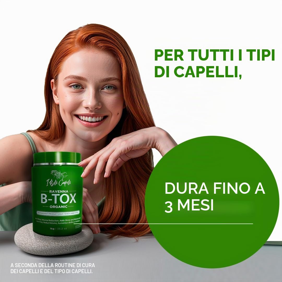 I Belli Capelli Ravenna Organic Hair B-tox, trattamento anti-crespo, senza formaldeide, lisciante per capelli, 35.2 oz / 1 kg | Formula delicata della linea · Odore basso · Idratazione profonda