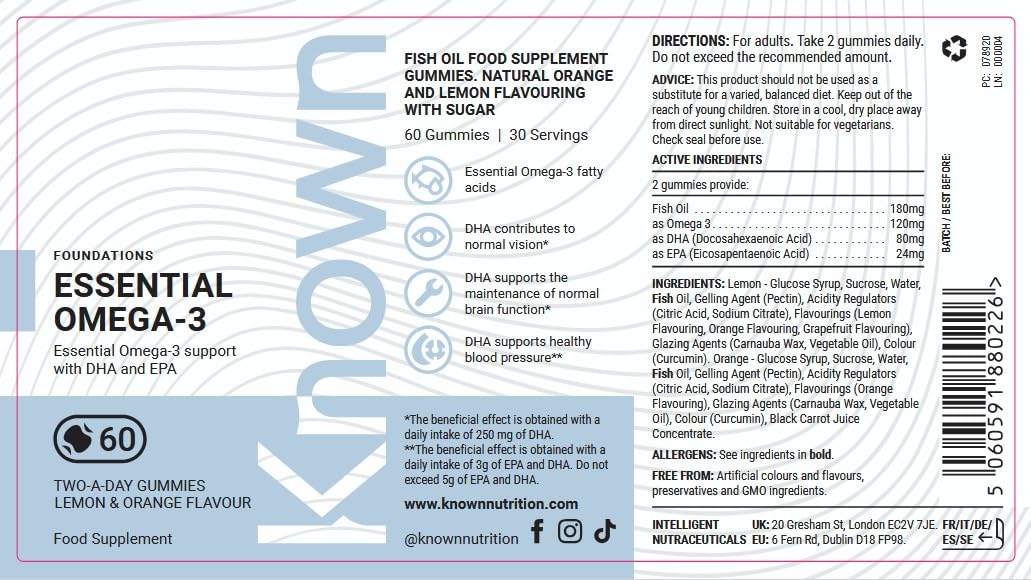 Known Oméga 3 Essentiel Gummies – Saveur Citron & Orange – Alternative Gourmande aux Gélules – 120mg Oméga 3 avec DHA & EPA – Soutient la Santé Cardiaque & le Bien-être – Cure 1 Mois (Lot de 2)